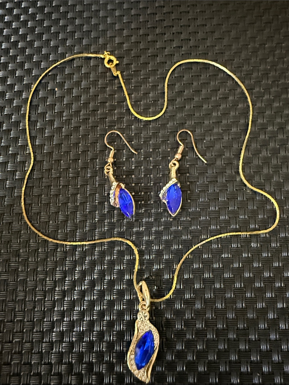 Gold Necklace and Earring Set with Blue Crystal Pendants
